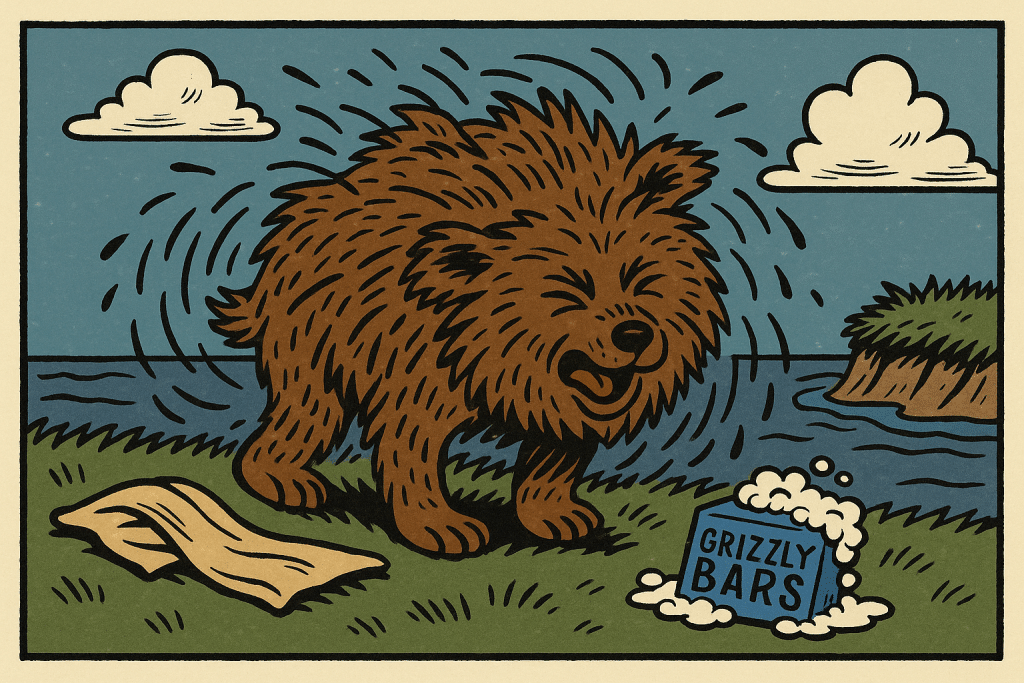 A bear drying off next to a lake after washing with his Grizzly Bar