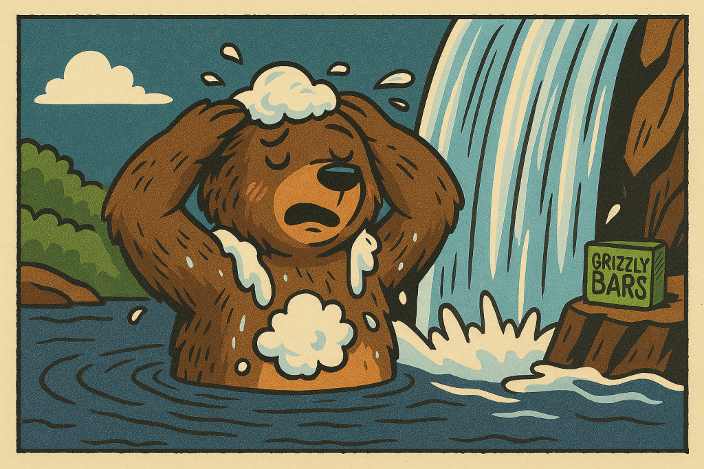 Bear Rinsing off Grizzly Bar, All Natural Soap & Shampoo Bar underneath a waterfall