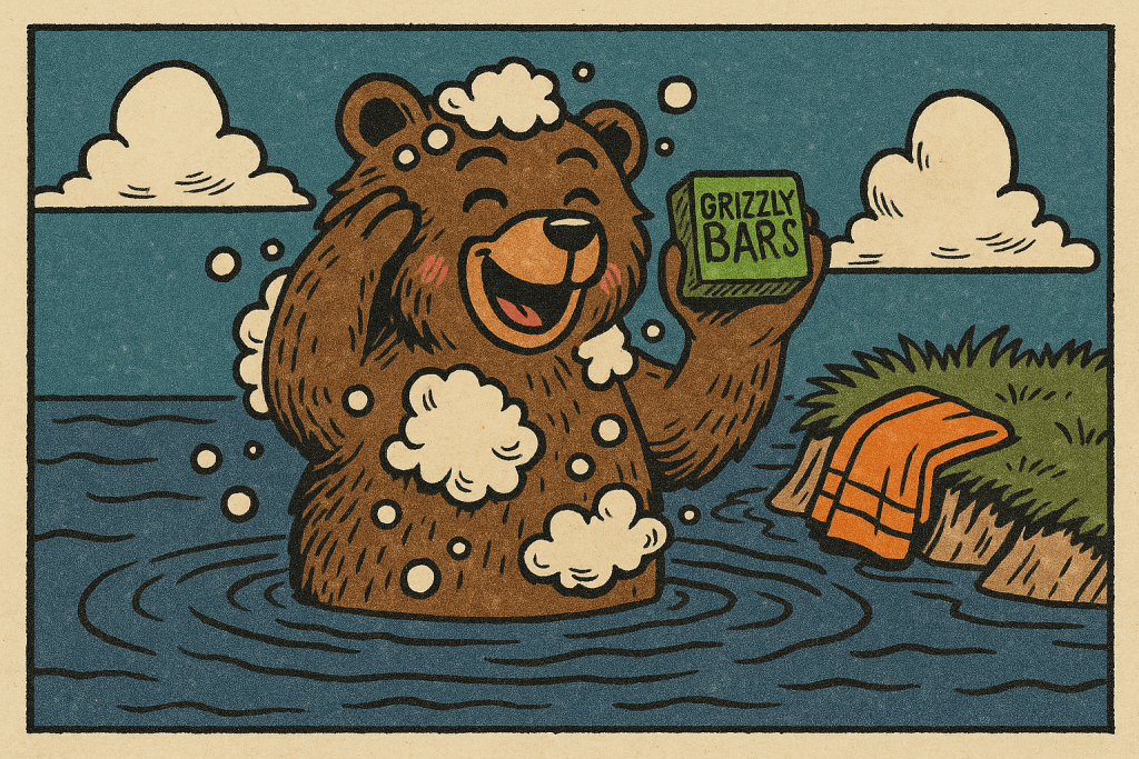 Bear having a bath in a lake with his Grizzly Bar. All Natural, Handmade Soap & Shampoo Bar
