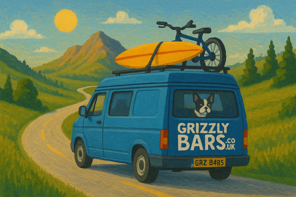 Grizzly Bars Camper Van driving away on an adventure with bike and board and adventure buddy