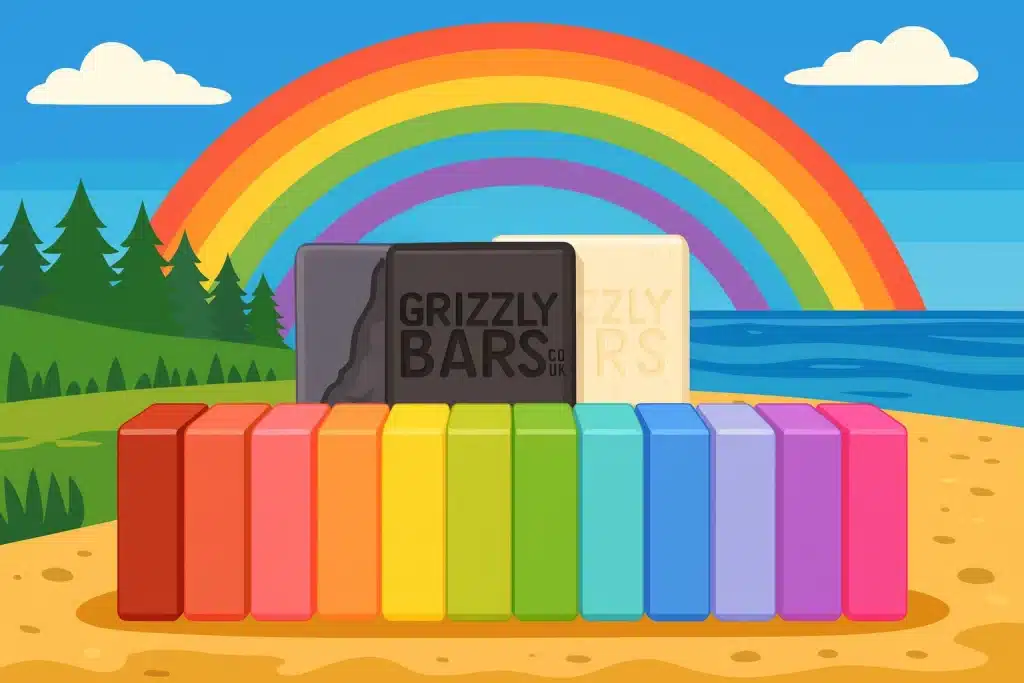 Colorful bars of soap from Grizzly Bars arranged in a neat rainbow on a beach with forest, fields, sea, and a bright rainbow sky in the background — eco-friendly handmade bars of soap in a vibrant, adventurous setting.